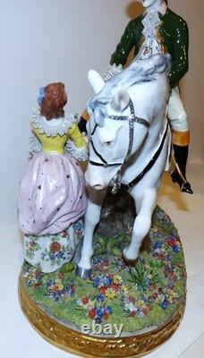 Stunning Large Sitzendorf Germany Porcelain Courting Couple Grey Horse Sculpture