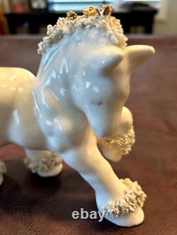 VINTAGE SPAGHETTI HORSE PONY PAIR OF FIGURINES 1950s WHITE With GOLD HAIR & ROSES