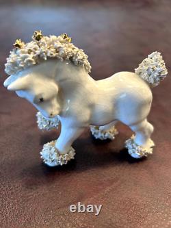 VINTAGE SPAGHETTI HORSE PONY PAIR OF FIGURINES 1950s WHITE With GOLD HAIR & ROSES