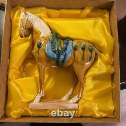 VINTAGE TANG DYNASTY WAR HORSE FIGURINE GLAZED CERAMIC CHINA STATUE In Orig box