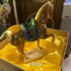 VINTAGE TANG DYNASTY WAR HORSE FIGURINE GLAZED CERAMIC CHINA STATUE In Orig box