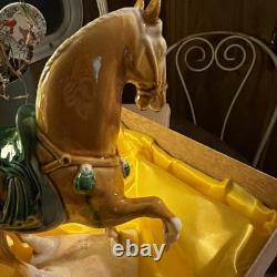 VINTAGE TANG DYNASTY WAR HORSE FIGURINE GLAZED CERAMIC CHINA STATUE In Orig box