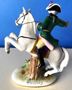 VTG RARE VOLKSTEDT PORCELAIN FIGURINE-MAN ON HORSE withHORN-MARK 1762-HAND #'d-EUC
