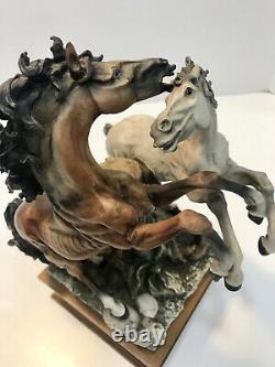 VTG Signed Giuseppe Armani Rearing Horses Figurine/Statue on Wooden Base 14 in