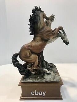 VTG Signed Giuseppe Armani Rearing Horses Figurine/Statue on Wooden Base 14 in