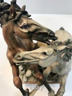 VTG Signed Giuseppe Armani Rearing Horses Figurine/Statue on Wooden Base 14 in