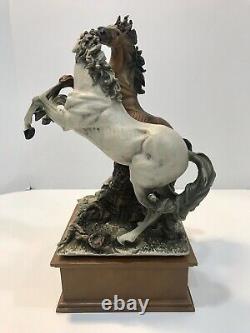 VTG Signed Giuseppe Armani Rearing Horses Figurine/Statue on Wooden Base 14 in