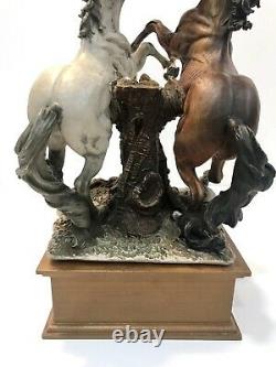 VTG Signed Giuseppe Armani Rearing Horses Figurine/Statue on Wooden Base 14 in