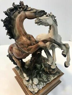 VTG Signed Giuseppe Armani Rearing Horses Figurine/Statue on Wooden Base 14 in