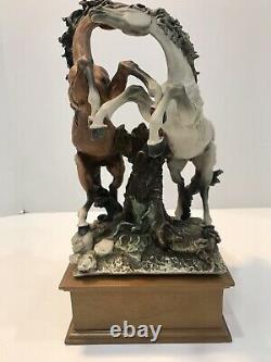 VTG Signed Giuseppe Armani Rearing Horses Figurine/Statue on Wooden Base 14 in