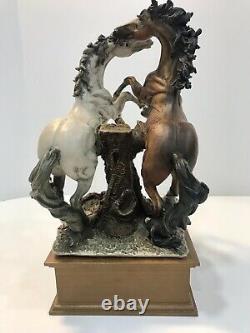 VTG Signed Giuseppe Armani Rearing Horses Figurine/Statue on Wooden Base 14 in