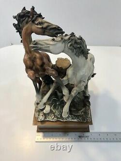 VTG Signed Giuseppe Armani Rearing Horses Figurine/Statue on Wooden Base 14 in