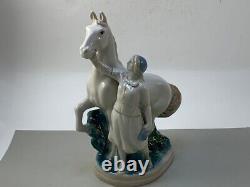 Vintage 1960s USSR Statue Figurine Girl Horse Porcelain Gzhel Figure Hand Painte
