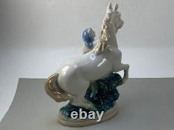 Vintage 1960s USSR Statue Figurine Girl Horse Porcelain Gzhel Figure Hand Painte