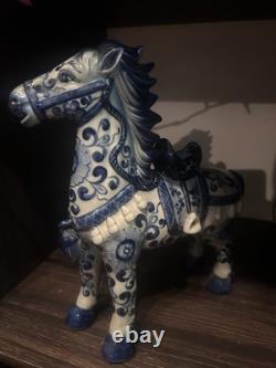 Vintage 1970's Chinoiserie Prancing Horse Blue & White Statuette Large Figurine