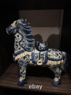 Vintage 1970's Chinoiserie Prancing Horse Blue & White Statuette Large Figurine