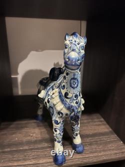 Vintage 1970's Chinoiserie Prancing Horse Blue & White Statuette Large Figurine