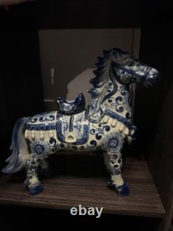 Vintage 1970's Chinoiserie Prancing Horse Blue & White Statuette Large Figurine