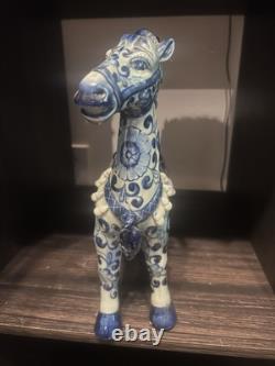 Vintage 1970's Chinoiserie Prancing Horse Blue & White Statuette Large Figurine