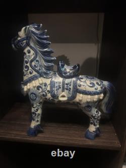 Vintage 1970's Chinoiserie Prancing Horse Blue & White Statuette Large Figurine