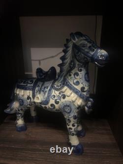 Vintage 1970's Chinoiserie Prancing Horse Blue & White Statuette Large Figurine