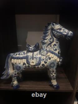 Vintage 1970's Chinoiserie Prancing Horse Blue & White Statuette Large Figurine