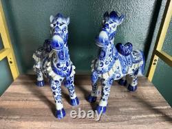 Vintage 2 Chinese Floral Glazed Porcelain Horse Statue Signed