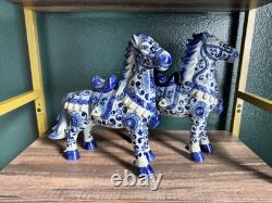 Vintage 2 Chinese Floral Glazed Porcelain Horse Statue Signed
