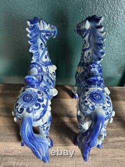 Vintage 2 Chinese Floral Glazed Porcelain Horse Statue Signed