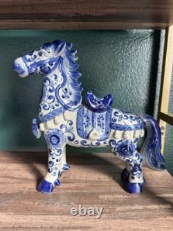 Vintage 2 Chinese Floral Glazed Porcelain Horse Statue Signed