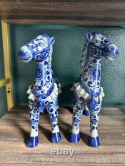 Vintage 2 Chinese Floral Glazed Porcelain Horse Statue Signed
