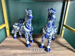 Vintage 2 Chinese Floral Glazed Porcelain Horse Statue Signed