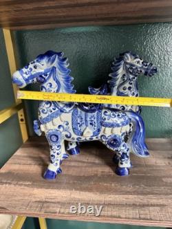Vintage 2 Chinese Floral Glazed Porcelain Horse Statue Signed