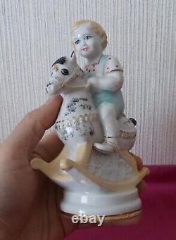 Vintage 50's Porcelain Figurine BOY on a HORSE Kiev Decor Ukraine USSR statuette