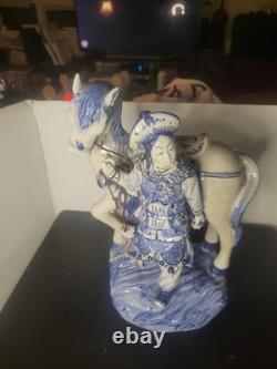 Vintage Bombay Co Chinese Porcelain Statue Man & Horse Blue & White Collectible
