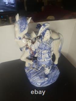 Vintage Bombay Co Chinese Porcelain Statue Man & Horse Blue & White Collectible