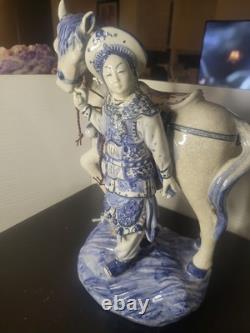Vintage Bombay Co Chinese Porcelain Statue Man & Horse Blue & White Collectible