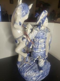 Vintage Bombay Co Chinese Porcelain Statue Man & Horse Blue & White Collectible