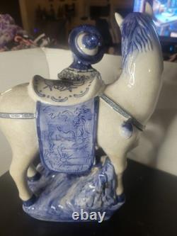 Vintage Bombay Co Chinese Porcelain Statue Man & Horse Blue & White Collectible
