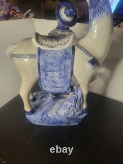 Vintage Bombay Co Chinese Porcelain Statue Man & Horse Blue & White Collectible