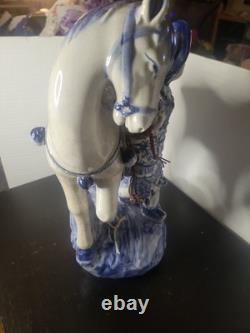 Vintage Bombay Co Chinese Porcelain Statue Man & Horse Blue & White Collectible