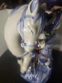 Vintage Bombay Co Chinese Porcelain Statue Man & Horse Blue & White Collectible