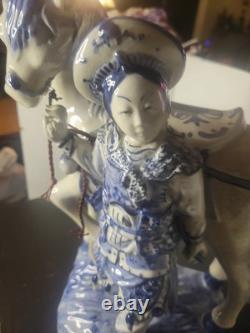 Vintage Bombay Co Chinese Porcelain Statue Man & Horse Blue & White Collectible