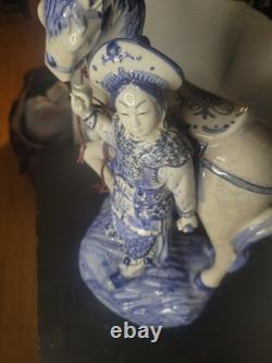 Vintage Bombay Co Chinese Porcelain Statue Man & Horse Blue & White Collectible