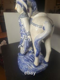 Vintage Bombay Co Chinese Porcelain Statue Man & Horse Blue & White Collectible