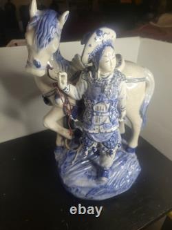 Vintage Bombay Co Chinese Porcelain Statue Man & Horse Blue & White Collectible
