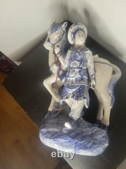 Vintage Bombay Co Chinese Porcelain Statue Man & Horse Blue & White Collectible