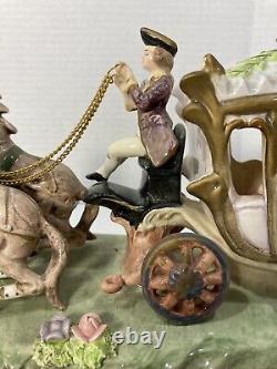 Vintage Capodimonte Porcelain 4 Horse Drawn Carriage withDriver & Lady-14x7x5