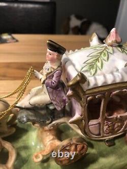 Vintage Capodimonte Porcelain 4 Horse Drawn Carriage withDriver & Lady-14x7x5