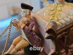 Vintage Capodimonte Porcelain 4 Horse Drawn Carriage withDriver & Lady-14x7x5